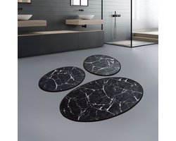 Bosdela 3-delige Badmat Set Ovaal – Marmerlook – Antislip – Luxe Badrum Paspassen toiletmat – Zwart Marmer 60x100 + 50x60 + 50x60cm