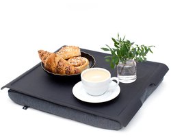 Bosign Laptray, Schoottafel, schootkussen, laptoptafel met lichte Antislip Zwart Wilgenhouten blad - Grijs kussen - 46 x 38 x 6.5 cm
