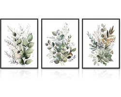 Botanische Plant Wall Art Set van 3, Floral Aquarell en Sage Green Poster voor Slaapkamer en Badkamer Decor, 12x16 in Unframed