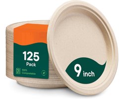 BOTC 100% composteerbare papieren borden - Stevige wegwerpborden - 9" - biologisch afbreekbare suikerrietbagasse - 100 stuks - Bruin