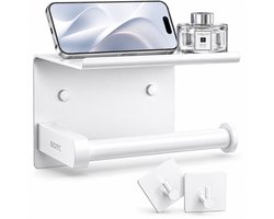 BOTC 3-in-1 Toiletrolhouder - WC Rolhouder met Plankje & Handdoekhaakjes - Zelfklevend of met Schroeven - RVS - Wit