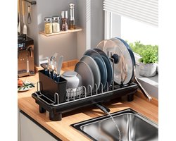 BOTC Afdruiprek - Klein Compact met verwijderbare bestekhouder - 360° draaibare Afvoer - Multifunctioneel RVS Afdruiprek - Zwart