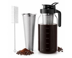 BOTC Cold Brew Koffiemaker 1,8 Liter - Glazen Cold Brew Koffiezetter met RVS Fijnfilter - Voor IJskoffie, IJsthee & Fruitwater - Zwart