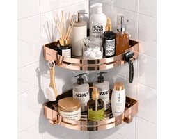 BOTC Doucherek - 2 laags Doucherek zonder boren - Roestvrij en Zelfklevend - doucherekje Met 4 Haken - Doucherek Hangend -Roségoud