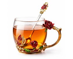 BOTC Glazen Mok met Rode Roos & Vlinder - 355 ml Theeglas met Handvat & Bijpassende Lepel - Voor Warme & Koude Dranken