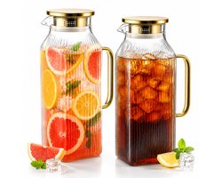 BOTC Karaf van glas - 2L - Set van 2 stuks - voor Koelkast - Gestreepte Borosilicaatglazen karaf - voor warme/koude Dranken - Goud