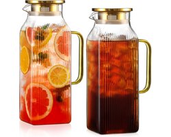BOTC Karaf van glas - 2L - voor Koelkast - Gestreepte Borosilicaatglazen karaf - voor warme/koude Dranken -2 stuks -Goud