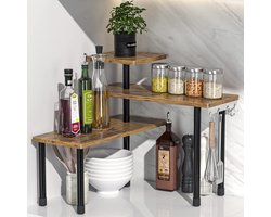BOTC Keuken Organizer - Hout Organizer 3-Laags - Verstelbare Hoekplank - Aanrecht Organizer - Kruidenrek - Keukenrek - Bruin