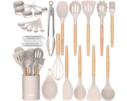 BOTC Keukengerei set 33 Delig - Keukengerei Houder - Hout handvatten - Silicone kop - Kookgerei met lepel houder - keukenaccessoires