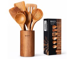BOTC Keukengerei set 8 Delig - Met Houder - Keukengerei houder set - Kookgerei Set Hout - Houten Spatel