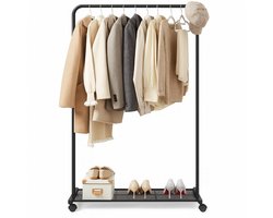 BOTC Kledingrek op wielen - Kleding hangen - 25,4 mm Metaal - met dichtmazig opbergrek - Draagvermogen 50kg - 2 remmen - Zwart