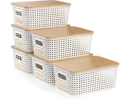 BOTC Opbergbox met houten deksel - Opbergdoos - Opbergmand - 6 stuks - 5L Kleine Opbergmanden - Bureaubladorganisator - Plastic- Wit