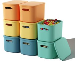 BOTC Opbergbox - Opbergdoos - Set van 8 stuks - Opbergdozen met deksels en handvat - 25 x 17.5 x 14.5 cm - Leuke opbergbak voor knutselen en snacks