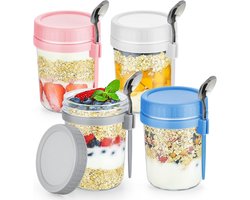 BOTC Overnight Oats Potjes - Voorraadpotten - Set van 4 met Lepels - 4x475ml - Glazen Potjes met deksels - Mason Jar