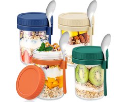 BOTC Overnight Oats Potjes - Voorraadpotten - Set van 4 met Lepels - 4x475ml Mason Jar - Glazen Potjes met deksels - Mason Jar - Lekvrij ontwerp