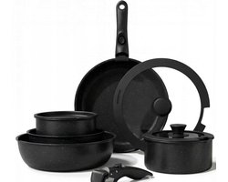 BOTC Pannenset – 11-Delig – Voor Inductie en Gas – Afneembare handgreep - Vaatwasser Bestendig-Zwart