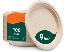 BOTC Papieren borden - 100 stuks - 100% composteerbare - Stevige wegwerpborden - 9" - biologisch afbreekbare suikerrietbagasse - Bruin