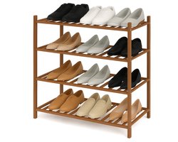 BOTC Schoenenrek - 4 Lagen - 64x68x28cm - Bamboe - In elkaar te stapelen - Praktisch Schoenenrek - Opbergrek - Woonkamer, slaapkamer & hal - Donkerbruin