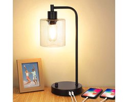 BOTC Tafellamp - Industriële Nachtkastlamp - met 2 USB-poorten 1 stopcontact - 3-traps dimbare Bureaulamp - Incl. 1 LED-lamp