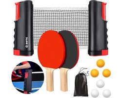 BOTC Tafeltennis Set - 2 Tafeltennisbatjes - 6 Pingpongballen - 1 Tafeltennisnet Uitschuifbaar - Zwart