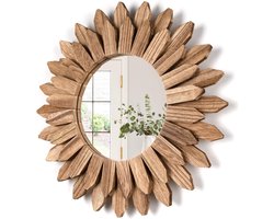 BOTC Wandspiegel- 30 cm – Rustieke Houten Zonnespiegel – Decoratieve Spiegel voor Woonkamer, Slaapkamer, Badkamer en Hal – Bruin