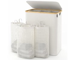 BOTC Wasmand 3 Vakken - Wassorteerder - 160L Capaciteit - Met 3 blanco etiketten - Bamboe Wasmand met Deksel - 75*57*37cm - Crème wit
