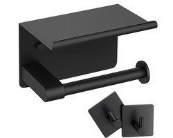 BOTC WC Rolhouder met Handdoekhaakjes en Plankje - 3-Delig Toiletrolhouder - Zelfklevend / Boren / Zonder Boren - Zwart