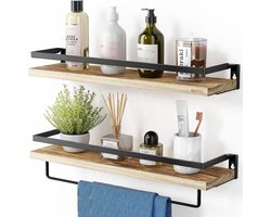 BOTC Zwevende Wandplank - 2 Stuks - Handdoekhouder - Industrieel - Hout - Bruin/Zwart