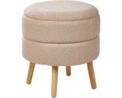 Bouclé hocker met opslagruimte en houten poten – beige ronde voetenbankje