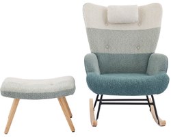 Boucle schommelstoel, in een kleurrijke patchwork streeplook, fauteuilpoten van rubberhout, frame van gespoten ijzer, woonkamerfauteuil, slaapkamerfauteuil met voetenbankje