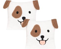 Bouclé Scott Sierkussens - Set van 2 - Decoratieve Kussens - Kinder Sierkussen Hond Print - Zacht Polyester Kinderkamer Kussen met Rits - 40x40 cm - Bruin & Wit