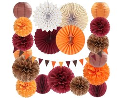 Bourgondië Bruin-Oranje Baby-Shower Boho Feestdecoraties - 20 stuks Herfst Papieren Lantaarns Fans, Tissue Pom Poms, Honingraat Ballen, Bruiloft Verjaardag Bruids Oogst Thanksgiving Festival Decor