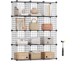 Boutloze rekken van draadgaas Stapelkast Staande kast 12 vakken Opbergkast gratis Rubber moker 93 x 31 x 123 cm Zwart LPI34H
