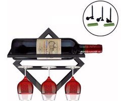 Bovista Wijnrek Muur - Hangend - Wand - Wandmontage - Metaal - Flessenhouder - 1 Fles En 4 Glazen - Wijnglazenhouder - Wijnglazenrek