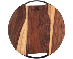 Bowls and Dishes Pure Rose Wood Duurzame Borrelplank | Tapasplank | Serveerplank rond | Pizzaplank - met twee metalen handvatten - 29 cm | cadeautip!