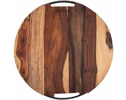 Bowls and Dishes Pure Rose Wood Duurzame Borrelplank | Tapasplank | Serveerplank rond | Pizzaplank - met twee metalen handvatten - 39 cm | cadeautip!
