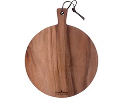 Bowls and Dishes Pure Teak Wood Borrelplank | Tapasplank | Serveerplank rond | Pizzaplank met handvat Ø 30 x 2cm | BBQ cadeautip!