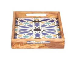 Bowls&Disches - Olijfhouten dienblad met siertegel blauw 22 x 32cm