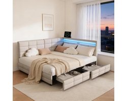 Box Spring Bed, 140 x 200 cm, with Drawers, Upholstered Bed with LED/USB Light, Sofa Bed with Headboard, with Slatted Frame, Linen (Beige, 140 x 200 cm)