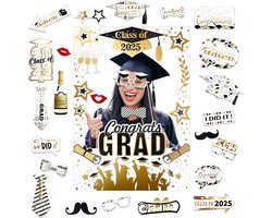 BOXOB 2025 Fotohokje-Rekwisieten voor Afstuderen, 25st Klas van 2025 Props met Fotolijst Zwart & Goud Grad Decor voor Alle Leeftijden Graduation Feestartikelen Fotoshoot Accessoires