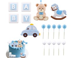 BOXOB Blue Bear Cake Topper Set, Teddy Bear Rocking Horse Baby Shower Decorations Car Letters and Balloons Party Decoration