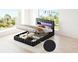 Boxspring 180x200 cm – Gestoffeerd Bed met Opbergruimte, Pneumatische Heffunctie, RGB-LED Verlichting, USB-oplaadpoorten – Modern Metalen Frame – Beige Tree Stump Stof – Casa Velluto SkyLuxe Bed