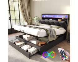 Boxspring Bed 140x190 Grijs met Opbergruimte, Lattenbodem en LED Verlichting