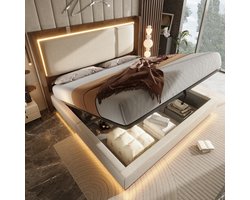 Boxspring Bed 140x200 Beige LED Opbergruimte Hydraulisch Bedframe Lattenbodem Hout Metaal