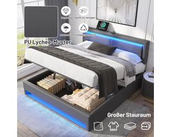 Boxspring Bed 140x200 cm met Opbergruimte, Gestoffeerd Tweepersoonsbed met Hoofdbord