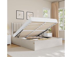 Boxspring bed 140x200 cm met opbergruimte – HomeByNicole Luxe Hydraulisch Bedframe met Lift-Up Opbergfunctie & Hoofdbord – Metalen en Houten Lattenbodem – Modern Design – Cappuccino Beige