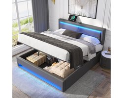 Boxspring Bed 160 x 200 cm met Opbergruimte en Hoofdbord - Gestoffeerd PU Grijs