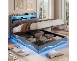 Boxspring Bed 160x200 cm met Opbergruimte, Hoofdeinde met Plank en LED Verlichting, USB-C & USB Oplaadpoorten, Hydraulisch Opklapbaar, Grijs