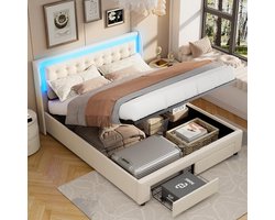 Boxspring Bed 180x200 met Opbergruimte, Lattenbodem en LED Verlichting - Beige Fluweel