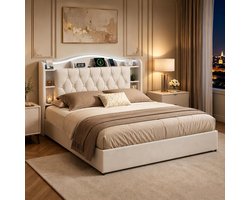 Boxspring Bed - Dubbel Bed - Slaapkamer Opbergen - Met LED en laden - 160 x 200 cm - Beige